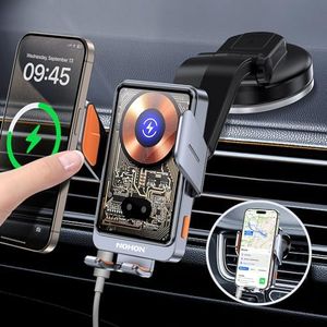 NOHON Qi Cargador Inalambrico Coche：15W Soporte Movil Coche Cargador Sujeción Automático, Soporte Cargador Movil Coche Carga Rápida con Ventosa/Clip de Ventilación para iPhone/Samsung/Xiaomi/OPPO