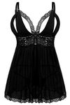 EVELIFE Women Sexy Plus Size Babydoll Dress Lace Babydoll Lingerie Chemise Nightwear Lingerie Set with G-String(Pure Black, XXXX-Large)