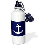 3dRose Navy Blue and White Nautical Anchor Design Sports Water Bottle, 21 oz, Multicolor