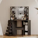 GarveeHome Corner Vanity and Stool, Corner Vanity Desk with Mirror and Lights, Corner Makeup Vanity with Power Outlet, 3 Color & Brightness Adjustable Light, Makeup Vanity for Girls and Women, Black