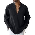 Men's Cotton Linen Shirt Drawstring Arm Banded Tops Medieval Viking Pirate Renaissance Halloween Costume, Black, Large