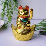 9Dzine Chinese Maneki Neko Lucky Cat for Home Decor Items | Feng Shui Sitting On Money Ingot (Boat) Waving Arm Cat Statue for Wealth & Prosoerity Showpieces Big