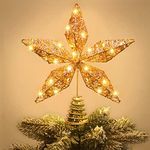 JOICEE Christmas Star Tree Topper, Christmas Gold Star Tree Topper with LED Copper String Lights for Christmas Decoration, Gold Hollow Glitter Star Tree Toppers for Xmas New Year Holiday Decor.