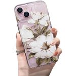 Elzzi Compatible with iPhone 13 Case Retro Sketch White Flower Clear Transparent Phone Case Full Camera Protection Shockproof PC+TPU Glossy Shiny Cover for Girls & Women, White Flower