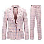 Womens 2 Piece Plaid Suits Set Business Office One Button Blazer Jacket Casual Long Sleeve Pant Suit Set, Pink, Large