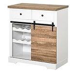 HOMCOM Buffet Cabinet with 6-Bottle Wine Cabinet, Farmhouse Sideboard with Sliding Barn Door, 2 Drawers and Shelves, Coffee Bar Cabinet with Wine Racks for Kitchen, White