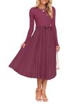 ZESICA Women's Fall Long Sleeve Midi Dress Casual Crewneck Belted Pleated A Line Flowy Long Party Dresses, Purple Red, Medium