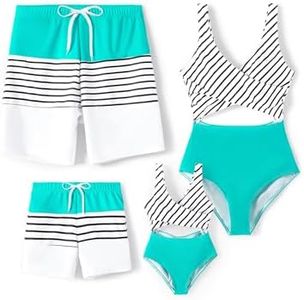 PATPAT Men's Swim Trunks, Turquoise Green, L, Quick Dry Swimming Shorts with Liner, Striped Lines Print, Adjustable Waistband for Water Activities