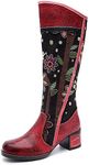 Socofy Womens Leather Knee Long Block Heels Boots, Vintage Long Boots Handmade Bohemian Boots Fur Lined Winter Snow Boots Cowgirls Wide Calf Splicing Pattern Anti Slip Walking boots for party wedding