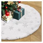 Faux Fur Christmas Tree Skirt 24 Inches Mini White Plush Tree Skirts with Silver Sequin Snowflakes Porch Xmas Tree Ornaments Decorations