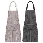 Syntus Kitchen Cooking Apron, 2 Pack Adjustable Bib Chef Aprons for Women Men with 2 Pockets, Black/Brown Stripes