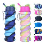 konlongzan Collapsible Water Bottles 2 Pack Silicone Water Bottle with Carabiner Expandable Water Bottle 500ml Portable Sport Water Bottle for Travel Camping.(Blue Camouflage+Pink Camouflage)