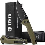 TEKTO F3 Charlie Button Lock Folding Knife, Fine Edge Blade, Tactical OD Green G10 Handle - Easy Open Pocket Knife with Titanium Coated D2 Steel & Black Titanium Barrel Spacers