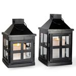 Behoma Vintage Style Candle Lantern Metal and Glass for Home Decoration, Set of 2 Lantern for Table-top and Wall-Hanging | Indoor and Outdoor | Matte Black Small & Large (Candle/Lights NOT Included)