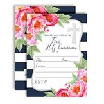 Watercolor Pink Peony First Holy Communion Religious Party Invitations with Navy Stripes, 20 5"x7" Fill In Cards with Twenty White Envelopes by AmandaCreation