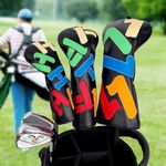 Golf Club Head covers Wood Set 3 PACKS 1FH DR FW UT for Driver Fairway Hybrid with No.Tag Elastic Closure Black PU Leather Multicolored Text