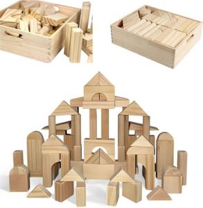 Standard Unit Building Blocks for Toddlers with Storage Tray (64 Pcs) Organic Sanded Wood Blocks for Children, Original STEAM and STEM Learning, Classic Wooden Toys for Kids Parties and Classrooms