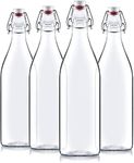 NVRA Flip Top Glass Water Bottle Pack of 4, 1 Liter Clear, Airtight & Leak Proof Swing Cap Bottle with Stopper for Beverages Oil Soda Beer Juice Kombucha Milk, 1000ml Fridge Water Bottles