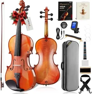 AKLOT Handcrafted Flamed Maple Violin: Full Size Glossy Fiddle, Acoustic Advanced 4/4 Violin Kit with Ebony Bow, Solid Wood Shoulder Rest, Lesson Book, Hard Case, Extra Strings, Tuner (VRT-AdvOB)