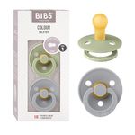 BIBS Colour Baby Pacifier 2-Pack | Made in Denmark | BPA Free Dummy Soother, Round Nipple. Natural Rubber Latex, Size 1 (0-6 Months), Sage/Cloud