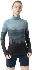 Leapstride Women's Slim Fit Turtleneck Performance Base Layer Long Sleeve Top with Placement Printed Mountain & Forest Design, Moisture - Wicking Super Soft CloudTouch Fabric