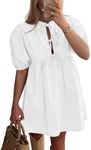 PRETTYGARDEN Womens Summer Casual Short Sleeve Dresses A Line Bow Tie Front Babydoll Loose Cute Mini Dress with Pockets (White,Small)