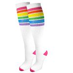 Premium Striped Adult Knee High Tall Athletic Skater Tube Socks, White With Bright Rainbow Stripes, Small