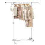 SONGMICS Castors, Garment Rack, Adjustable Height Between 97-165 cm, Clothes Rail with Extendable Bar, Side Hooks for Accessories and Bags, White LLR001W01, Alloy Steel, （87-150） x 44 x（97-165） cm