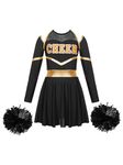 FEESHOW Girls Cheer Leader Shiny Dance Costume Cheerleading Uniform Cosplay Party Fancy Dress Up Musical Outfits with Pompoms Black 9-10 Years