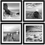 ENGLANT-4 Panels Set Framed Canvas Print for Seascape Beach and Boat Sunrise Scenery Black and White Giclee Canvas Print Wall Art Ready to Hang