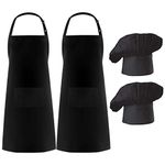 Hyzrz 2 Pack Chef Apron Hat Set, Adjustable Bib Cooking Aprons Water Drop Resistant Baker Kitchen Cooking for Women Men Father's Gift (Black)