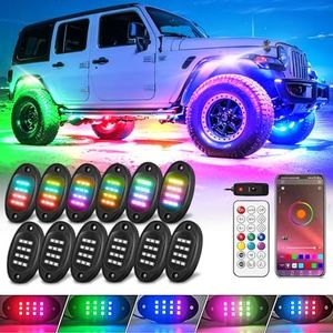 12 Pods RGB+IC LED Rock Lights for Trucks Golf Cart ATV UTV SUV Offroad, Smart Sync Music Chasing Rock Lights with APP/RF Control, Waterproof Dream Color Car Underglow Kit Vehicle Underbody Light