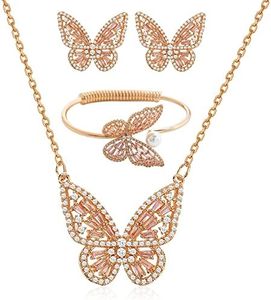 GELVTIC Women's Jewelry Sets Crystal Butterfly Earrings Necklaces for Women Cubic Zirconia White Gold Butterfly Necklace Ring Bangle Bracelet Birthday Anniversary Valentines Mother's Day Jewelry Gifts for Mom Bridesmaid Wife Sister Friend (95 Golden Pink-Earrings+Necklace+Bangle)