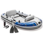 INTEX 68324EP Excursion 4 Inflatable Boat Set: Includes Deluxe 54in Aluminum Oars and High-Output Pump – Adjustable Seats with Backrest – Fishing Rod Holders – 4-Person – 1100lb Weight Capacity