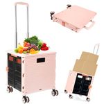 Foldable Utility Cart Folding Portable Rolling Crate Handcart Shopping Trolley Wheel Box with Lid Wear-Resistant Noiseless 360°Rotate Wheel for Travel Shopping Moving Storage Office (Pink)