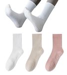 vvallis Pilates Socks, Yoga Socks with Grips for Women, 3 Pairs Non Slip Grip Socks for Barre, Dance, Barefoot Workout (Cotton Blend, B04-White/Beige/Pink)