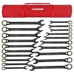 STARWORK True Mechanic™ 20 Pc. 120T Reversible Ratcheting Combination Wrench Set, Non-Slip, Long Pattern, SAE, Metric, Professional, with Portable Roll-Up Pouch Bag