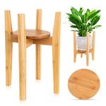 Plant Stand Indoor Adjustable Wood Plant Stand Mid Century Modern Flower Pot Holder Rack with Tray, Fit 8'' to 12'' Planter