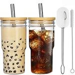 ALINK 2-Pack Glass Tumbler with Lid and Straw, 22oz Reusable Cup Bubble Tea Cup, Iced Coffee Cups, Mason Jar Drinking Glasses, Smoothie Juice Cup Bottle