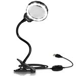 Magnifying Glass, LED 3X Magnifying Lamp USB Powered Clip On Optical Glass Magnifier Lens with 2 Adjustable Light Settings & Metal Clamp