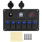 KIMISS ABS 6 Gang Waterproof ON-OFF Toggle Switch Panel Dual USB Socket Charger LED Voltmeter 12V 24V Power Outlet for Car Boat Marine RV Truck Camper Vehicles(Blue)