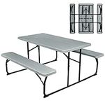 Giantex Folding Picnic Table Bench Set, Outdoor Dining Table Set, Large Camping Table for Patio Lawn Garden Poolside, Portable Picnic Tables, Weather Resistant Metal Frame (Folding Legs Design, Gray)