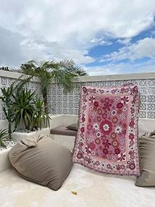 Peel Forest Bali Style Pink Floral Blanket Rugs Vanlife Boho Bed Throws Cotton Sofa Bed Throws Yoga Beach Deck Chair Villas (50"X60")……