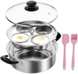 GSlife Egg Poacher - 304 Stainless Steel Poached Egg Cooker, Egg Poacher Pan Nonstick 4 Eggs with Handles, Poached Egg Maker Pot with Spatula & Brush, Silver, 4 Cups