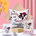 Jhingalala Gift for Daughter | My Lovely and Awesome Daughter Printed Cushion with Filler, Coffee Mug, Key Chain, Greeting Card | Combo Gifts for Daughter on Birthday, Daughters Day