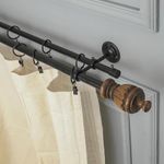 Window Casa 84"-144" Adjustable Double Curtain Rod For Door & Windows With Brackets Set Curtains Hanging Extendable Iron Metal Pipe Holder With Carved Brown Wood Finial (Black, 0.75" Diameter)