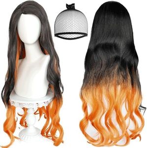 JoneTing Kamado Wig【+Wig Cap】 NO Bamboo Tube Orange and Black Cosplay Wig for Anime Cospaly Long Natural Wavy Black Mix Orange Wigs for Halloween Party Peluca Naranjay Negra Kawaii Wig for Cosplay