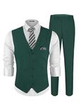 MAGE MALE Men's Linen 2 Piece Suit Slim Fit Wedding Groomsmen Summer Vest Pants Set with Pocket Square Dark Green