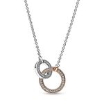 Pandora Signature Two-tone Intertwined Circles sterling silver and 14k rose gold-plated necklace with clear cubic zirconia