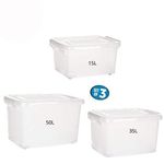 NOW & ZEN Pack of 3 (15L, 35L, 50L) Large Plastic Containers Set Multipurpose Stackable Storage Boxes with Lid, Handles, & Wheels | Heavy Duty, Semi-Transparent